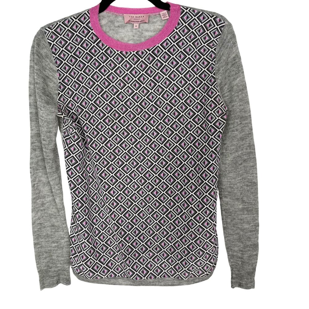 Ted Baker Womens 0 XXSmall Gray Amberly Geometric Printed Sweater Wool Silk Crew